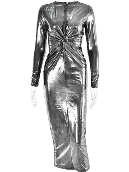 Winter Deep V Long Sleeve Dress for Bodycon Pleated Metal Maxi Dress Party Club Evening Vestidos