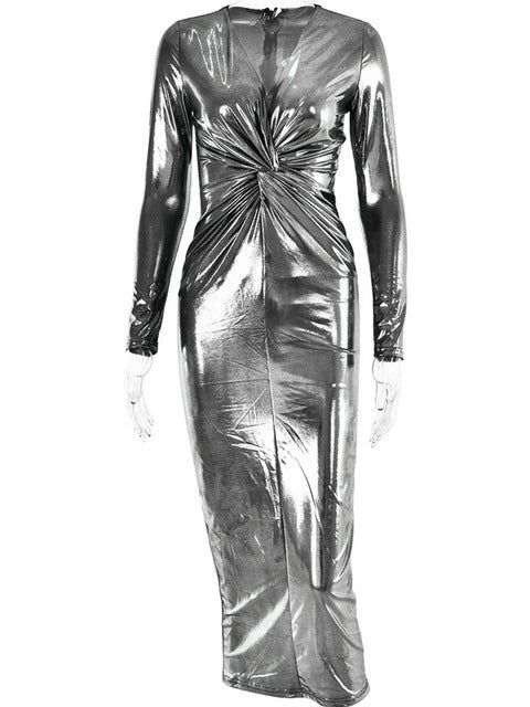 Winter Deep V Long Sleeve Dress for Bodycon Pleated Metal Maxi Dress Party Club Evening Vestidos