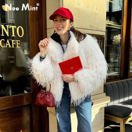Winter Fluffy Faux Fur Coat Brand Tassels Furry Turkey Fur Jacket Loose Overcoat Outerwear