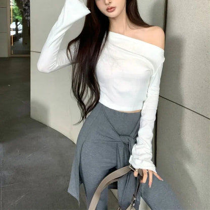 Autumn New Skew Collar Strapless Long Sleeve Tshirt + Pleated Laceup Slim Wide Leg Pants Twopiece Suit