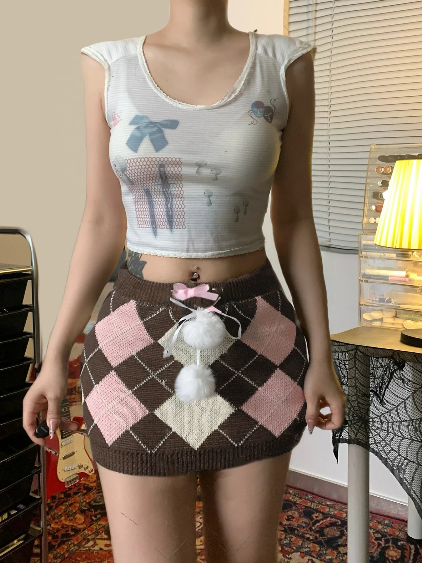 Autumn Knitted Sweet Rhombus Plaid Skirts Plush Ball Lace Up Bow Mini Skirts