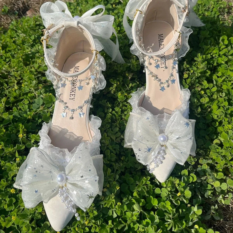Party Shoes for Designer Shoes Sandals Bridal Shoes Lolita Heel With Pointed Head Shoes White
