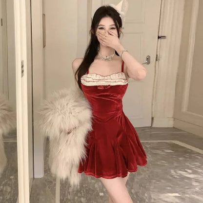 Dresses Sleeveless Velvet Patchwork Bow Ruffles Slim Backless Mini Dress Party Female