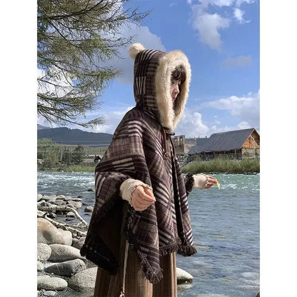 Japanese Gentle Patchwork Brown Tassel Hooded Cloak Shawl Short Coat Autumn/winter New