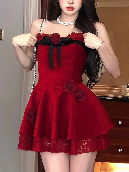 Y2k Sweet Mini Dress for Strapless Slash Neck Lace Patchwork Princess Party Dresses French Short Vestidos