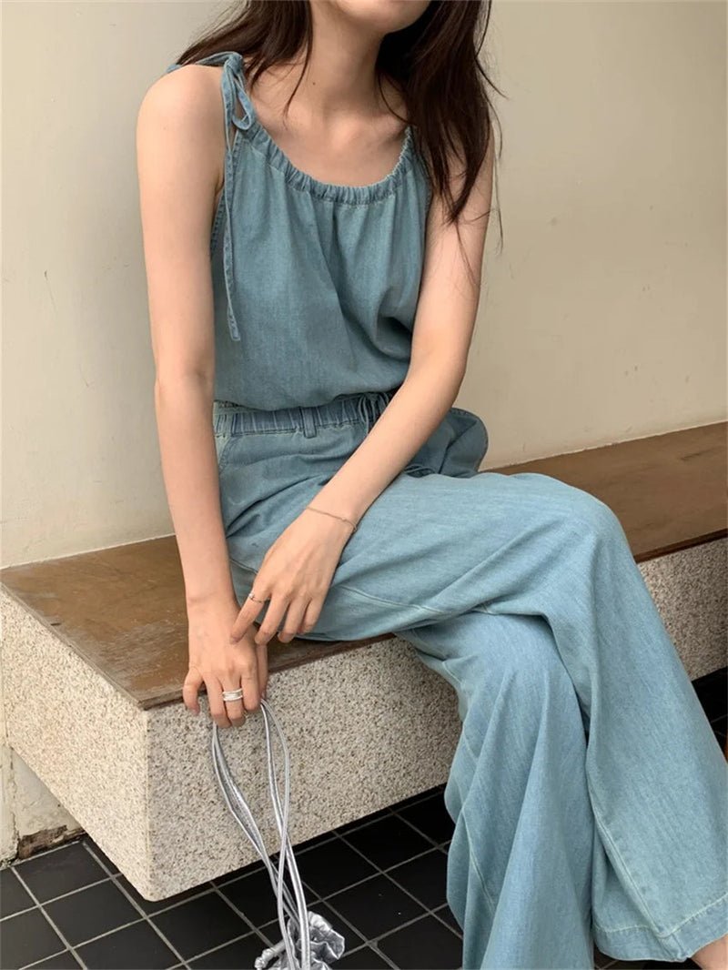 Stylish Rompers Loose High Street Summer Mujer Office Lady Halter Slim New Jeans Jumpsuits