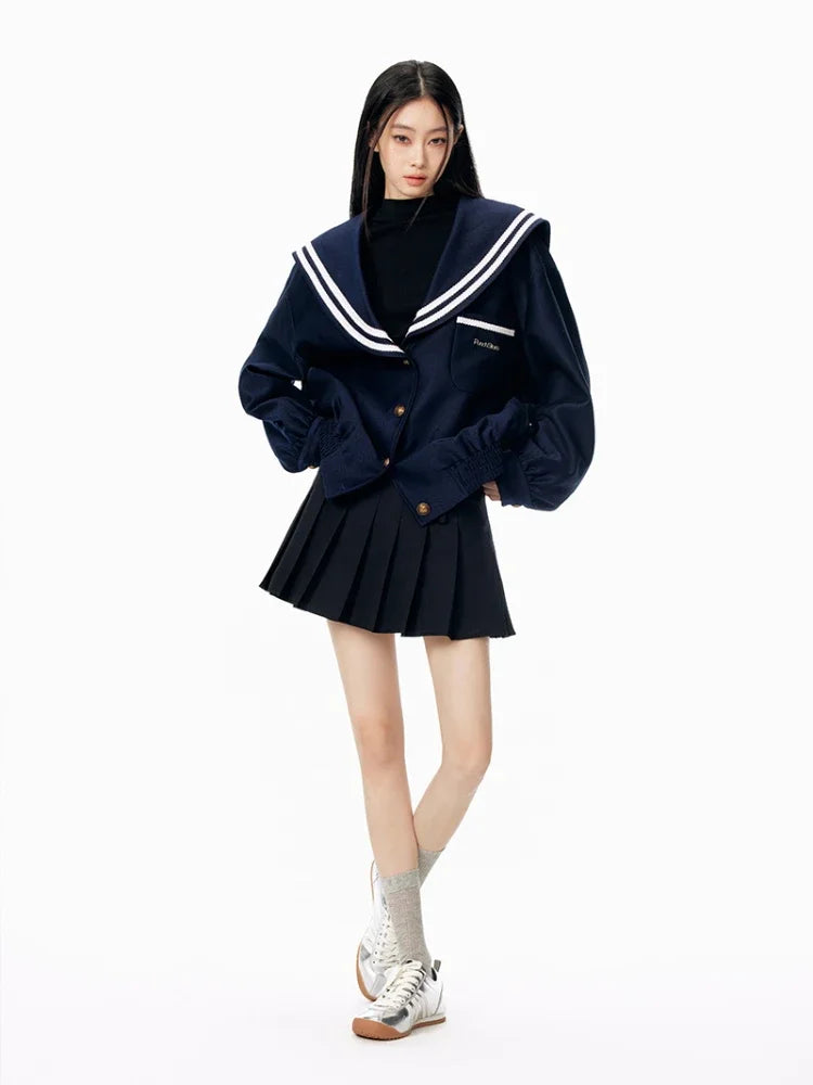 Sailor Collar Jacket Patchwork Long Sleeve Oversize Coat Preppy Style Uniform Old Money Aesthetics Outfits
