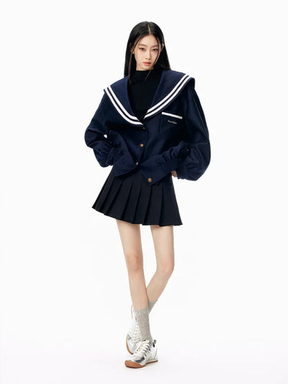 Sailor Collar Jacket Patchwork Long Sleeve Oversize Coat Preppy Style Uniform Old Money Aesthetics Outfits