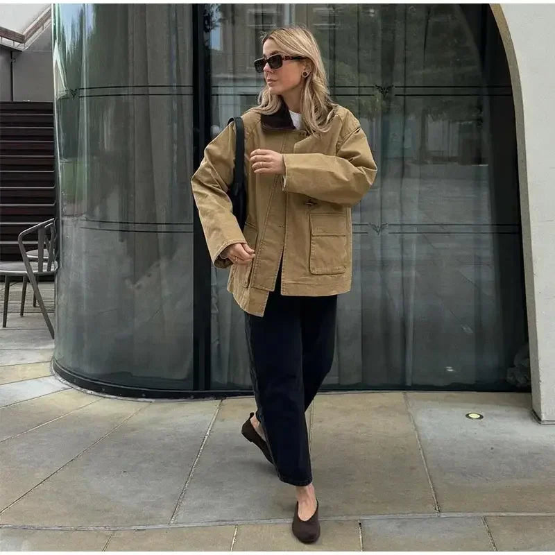 Patchwork Contrast Jacket Single Breasted Lapel Female Jackets Autumn Winter Locomotive Lady Outwear