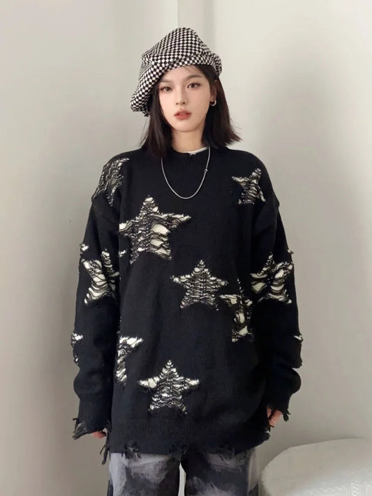 Star Hollow Out Sweater Autumn Winter Oversized Harajuku Pullover Punk Grunge Goth Hip Hop Tops Clothes