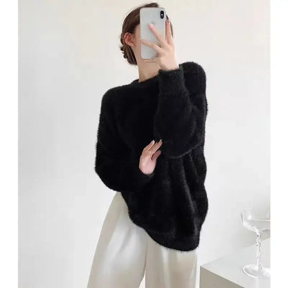 Autumn and Winter New Furry Blue Mink Fur Sweater for Round Neck Simple Loose Knitted Pullovers Tops