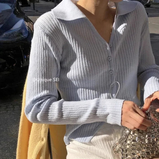 Color Threaded Longsleeved Cardigan Spring New Vneck Multibutton All Match Knitted Tops