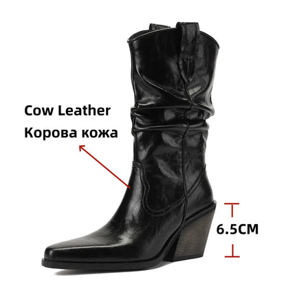 New High Heel Leather Shoes Knight Boot Western Cowboy Boots Pointed Toe Thick Soled Short Boot