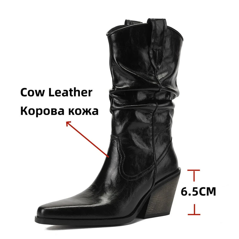New High Heel Leather Shoes Knight Boot Western Cowboy Boots Pointed Toe Thick Soled Short Boot