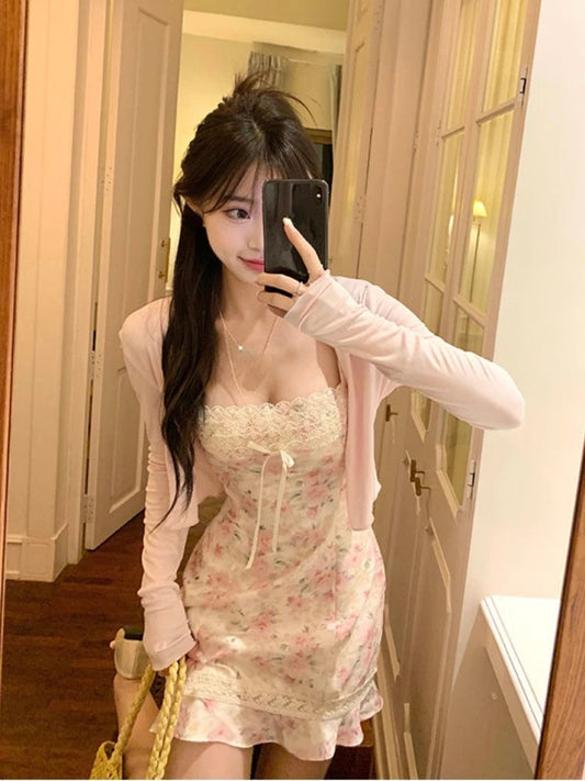 Summer Japanese 2 Piece Dress Set Cardigan + Sweet Slim Y2k Mini Dress Beach Korean