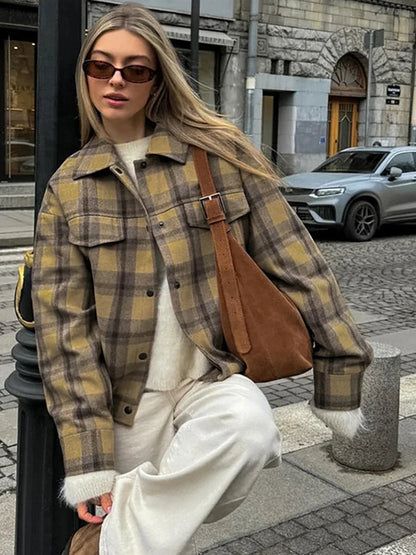 New Plaid Contrast Jacket Autumn Winter Single Breasted Long Sleeve Outerwear Female Coat