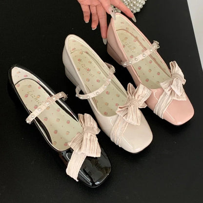 Butterflyknot Sweet Mary Jane Shoes Chunky Dress Shoes Shallow Designer Pumps Buckle Square Toe High Heels