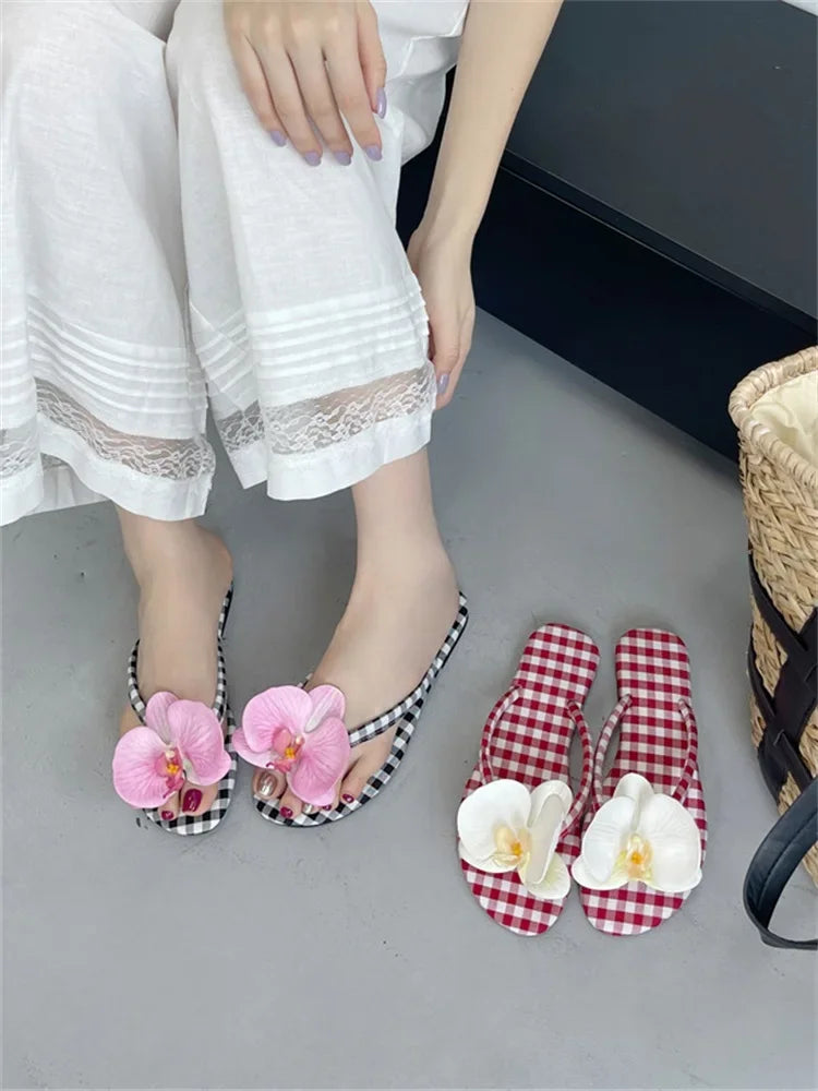 Summer Design Flower Geometric Clip Toe Low Flat Heels Slippers Flip Flops Party Shoes