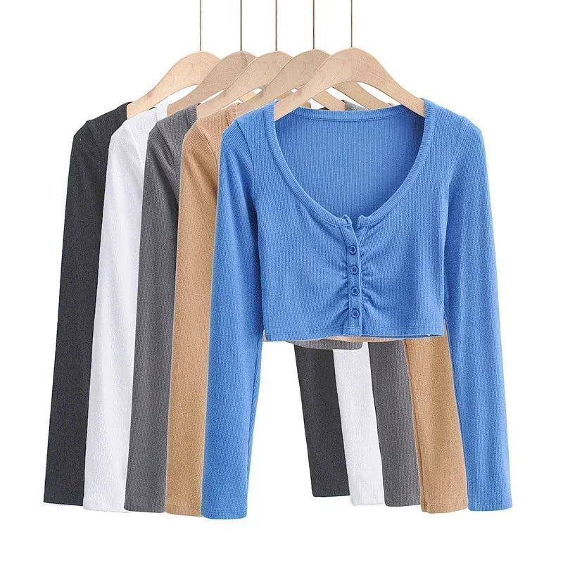 Slim V-neck Long Sleeve Bottomed Tops and Blouses High Street Color Open Navel Cardigan