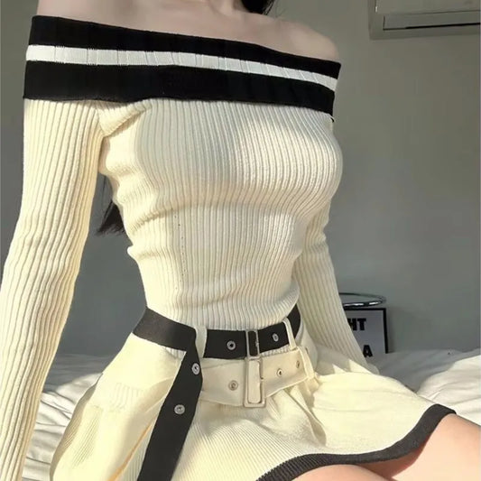 Y2k Slim Knitted Mini Dresses Off Shoulder Korean Short Party Dress With Belt Autumn New Clothing
