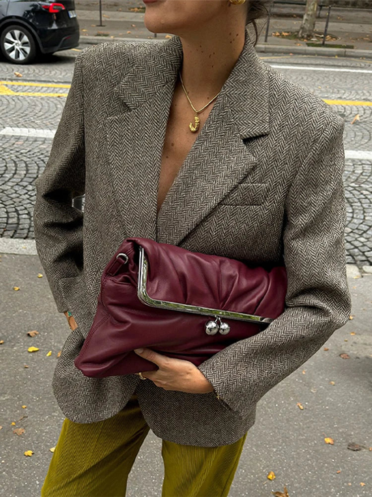 Herringbone Wool Tweed Suit Blazer New Single Breasted Lapel Jacket Autumn Winter Formal Coat Lady Outwears