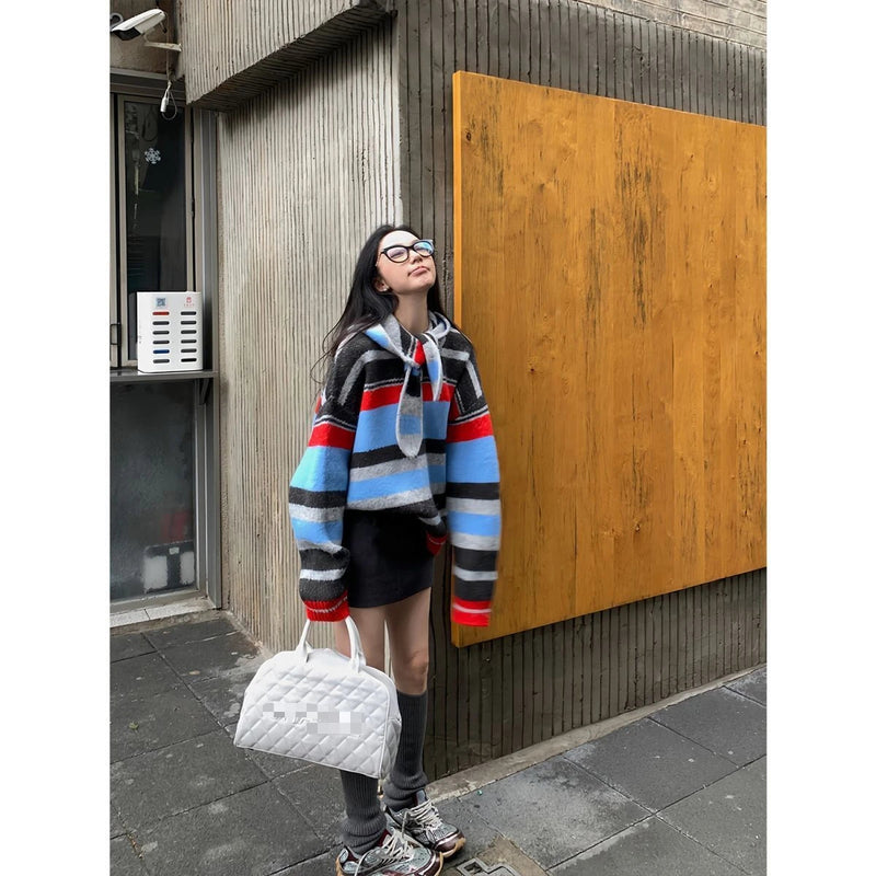 New Retro Detachable Hooded Lazy Style Striped Sweater Female Autumn/winter Loose Knitted Pullovers Sweaters Tops