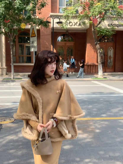French Retro Style Cape Shawl Wool Coat Top Maxi Skirt Set Winter Socialite Commuting Color Two Piece Sets Outfits
