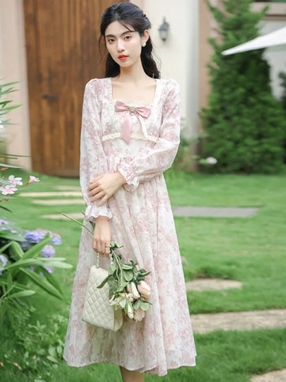 Sweet Pink Princess Dress Bow Petal Sleeve Print Flattering Waist Romantic Lady Midi Dresses Robe Rose Vestidos