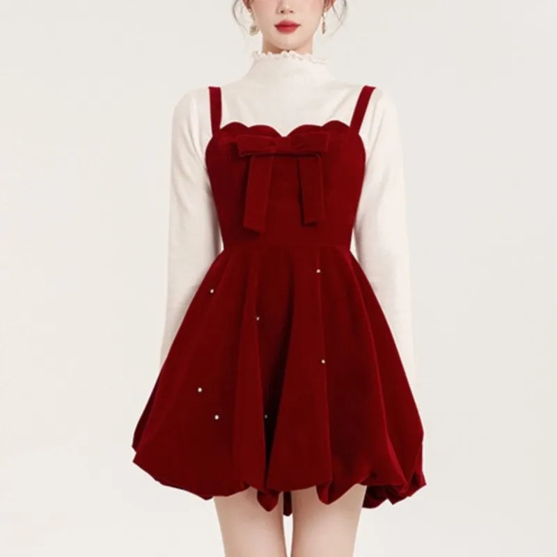 Christmas Two-piece Dress Set Sweater A-line Velvet Sleeveless Short Dress Korean Female Autumn New Outfits