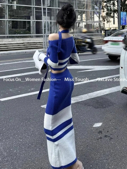 Korean Knitted Sweater Suits Long Sleeve Thin Bodycon Striped Pullover + Midi Skirts 2 Piece Sets Outfits