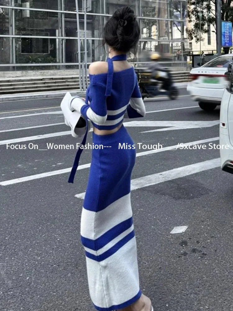 Korean Knitted Sweater Suits Long Sleeve Thin Bodycon Striped Pullover + Midi Skirts 2 Piece Sets Outfits