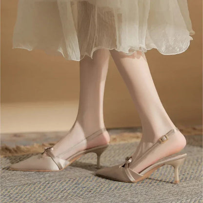 Satin Pointed Toe High Heels Bow Design Cover Toe Fine Heel 6cm Sandals Back Strap Party Dress Shoes