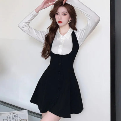Autumn New Two-piece Skirt Sets Long Sleeve White Blouse High Waist Halter Mini Dress Korean Y2k Harajuku Outfits