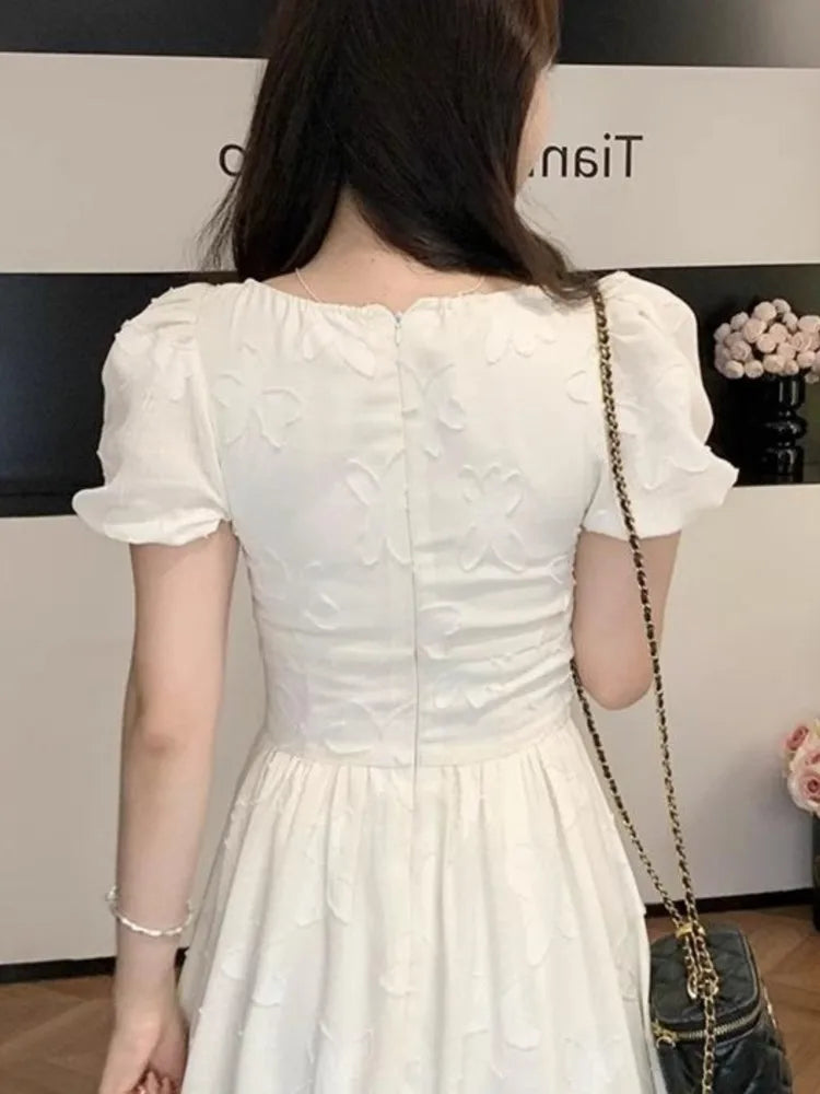 Midi Dresses for Summer New Puff Sleeve Square Collar A-line Birthday Party Dress Korean One Piece Vestido