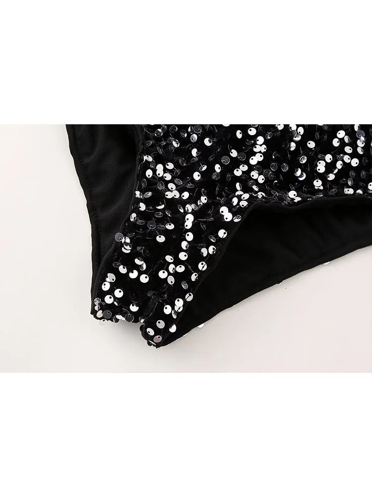 Sequins Shorts Spring Black Sparkling Party Shorts Elastic Waist Shorts