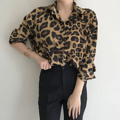 New Office Lady Shirts Leopard Shirts Allmatch Long Sleeve Blouses Turndown Clothing
