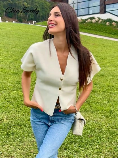 Knitted Vest Top for Short Sleeve V-neck Buttons Loose White Waistcoat Cardigan Female Autumn New in Outwears