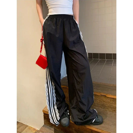 Striped Black Sports Pants Baggy Patchwork Lace Wide Leg Jogging Trousers Summer Korean Sweatpants