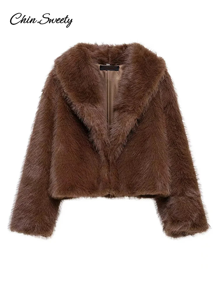 Brown Lapel Faux Fur Short Coat Fluffy Long Sleeve Warm Thick Loose Jacket Autumn Winter Lady High Street Outwear _