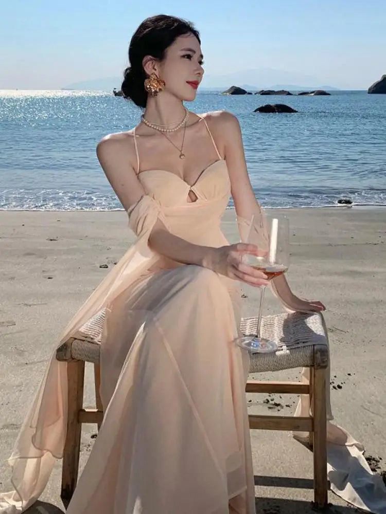 French Summer Beige Club Spaghetti Strap Long Dress V Neck Backless Wrap Hip Pleated Fishtail Evening Dress