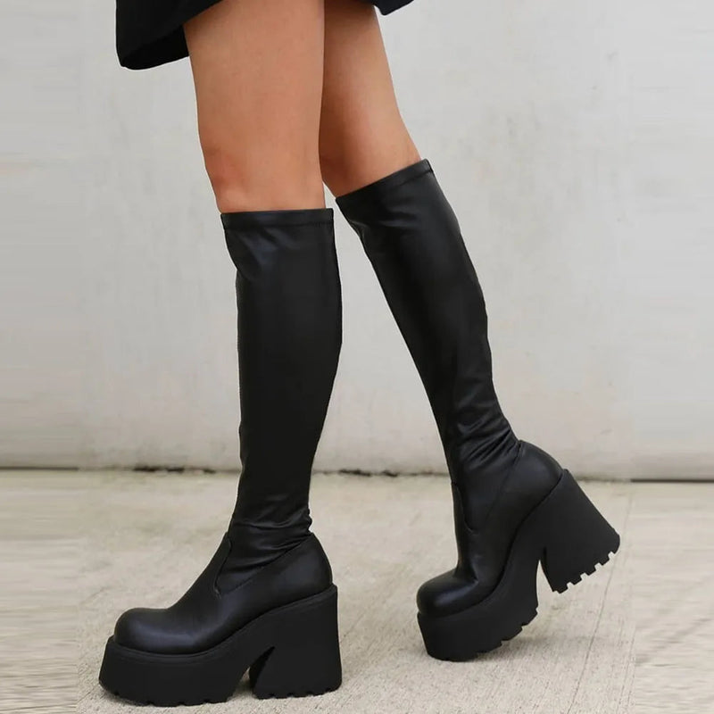 Platform Chunky High Heeled Knee High Boots Cool Round Toe Sweet Heeled Boots Gothic Uniform Dress Shoes