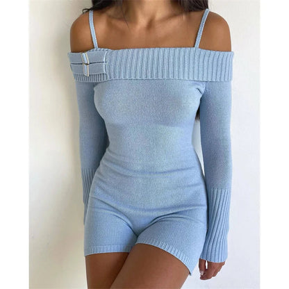 Summer New Offshoulder Jumpsuit for Long Sleeve Y2k Slim Playsuit Knitwear High Waist Short Sets Rompers