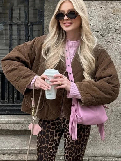 Brown Quilted Padded Suede Coat Long Sleeve Lace Up Cropped Jacket Autumn Winter Lightweight New in Outerwears