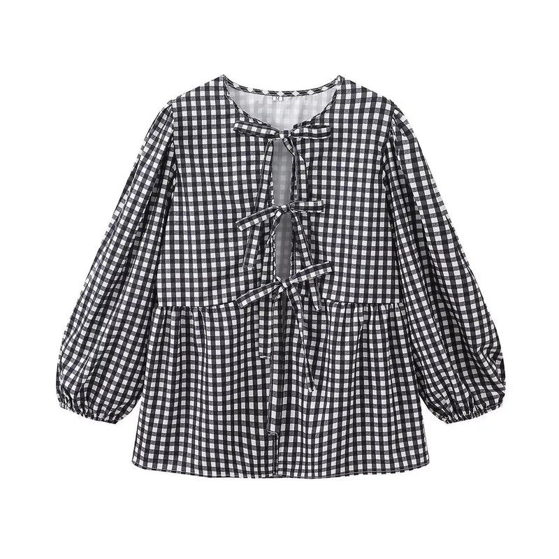 Summer Causal Round Neck Laceup Blouses Puff Long Sleeves Loose Shirt Y2k Female Stripe Tops