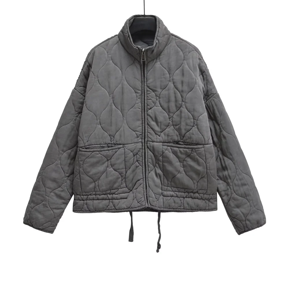 Winter New ’s Clothing Style Commuting Leisure Warm Stand Collar Loose Pocket Diamond Grid Cotton Coat