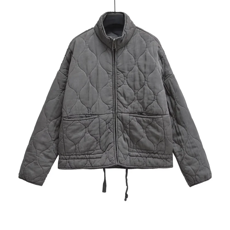 Winter New ’s Clothing Style Commuting Leisure Warm Stand Collar Loose Pocket Diamond Grid Cotton Coat