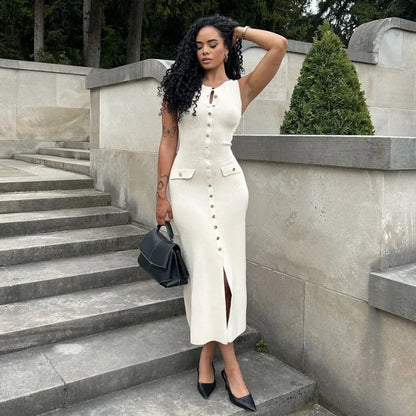 Knitted Long Dress for Sleeveless Button Maxi Sweater Bodycon Dresses Female Party Vestidos