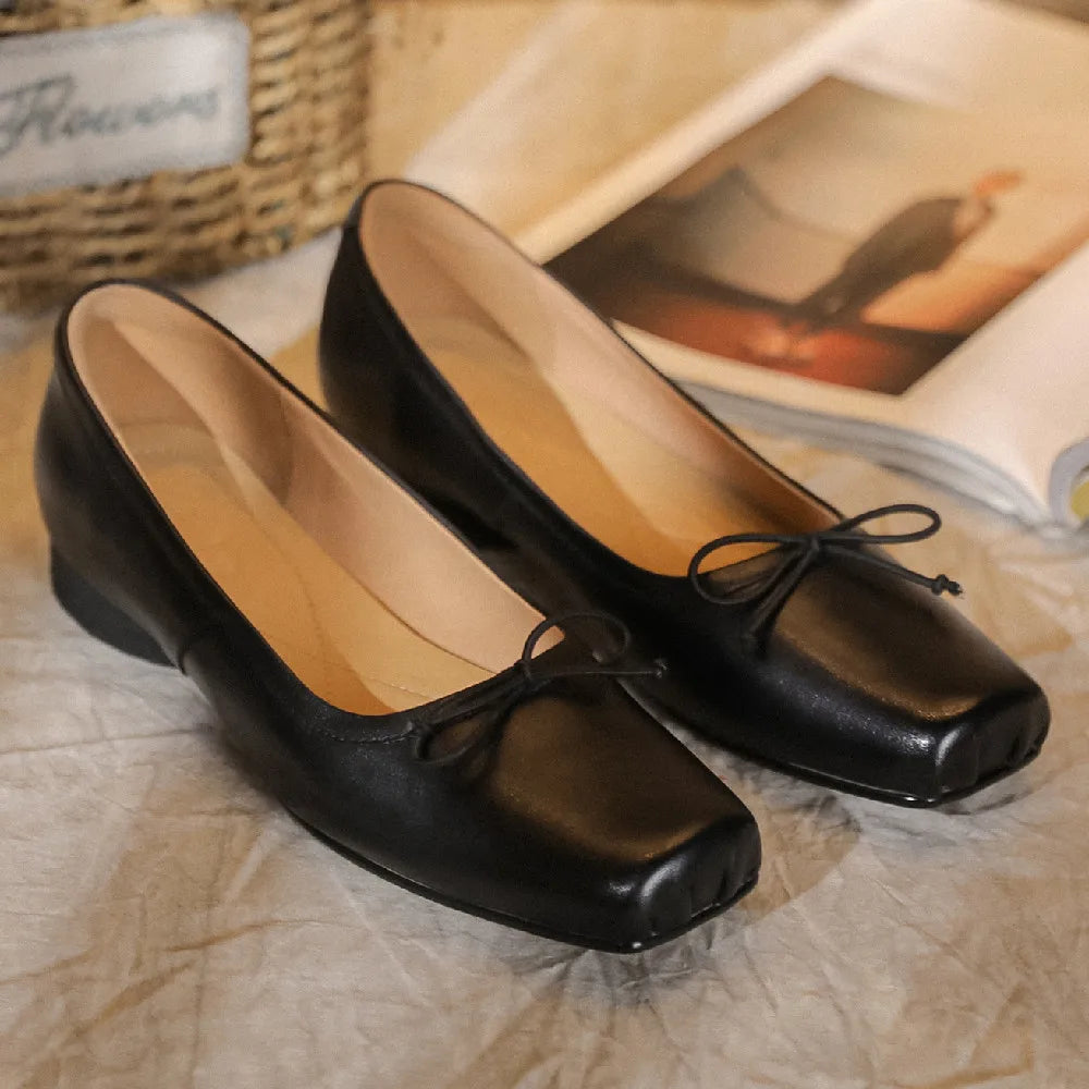 Genuine Leather Square Toe Slipon Ballet Flats Sweet Bowtie Pleated Retro Female Soft Comfortable Espadrilles Shoes Hot