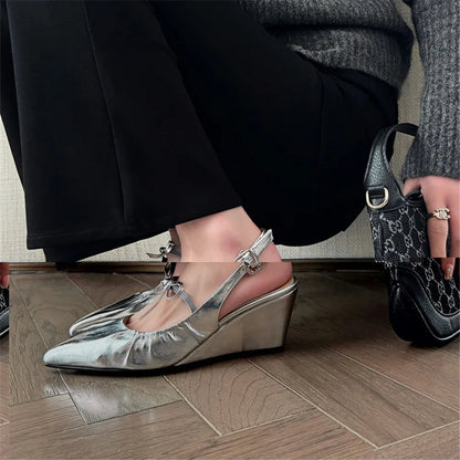 Genuine Leather Slingbacks Pumps Pointed Toe Silver Black Wedges Heels Shoes Woman Summer Pumps