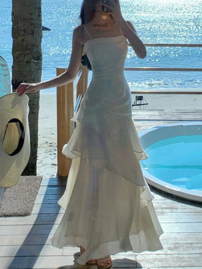 Ruffles Birthday Party Dresses Summer Irregular Spaghetti Strap Sleeveless Long Dress Slim Holiday Beach Vestidos